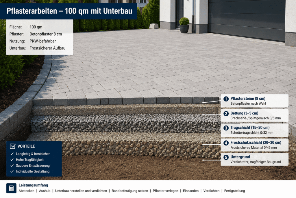 Pflasterarbeiten 100 qm mit Unterbau