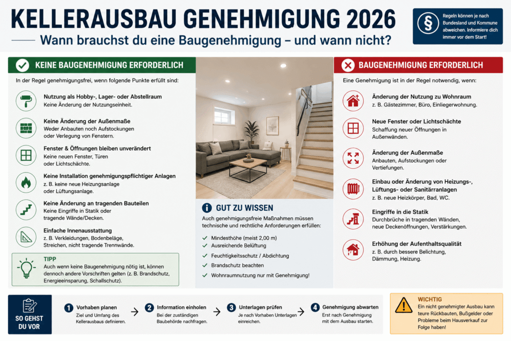 Kellerausbau Genehmigung 2026: Wann brauchst du eine Baugenehmigung — und wann nicht?
