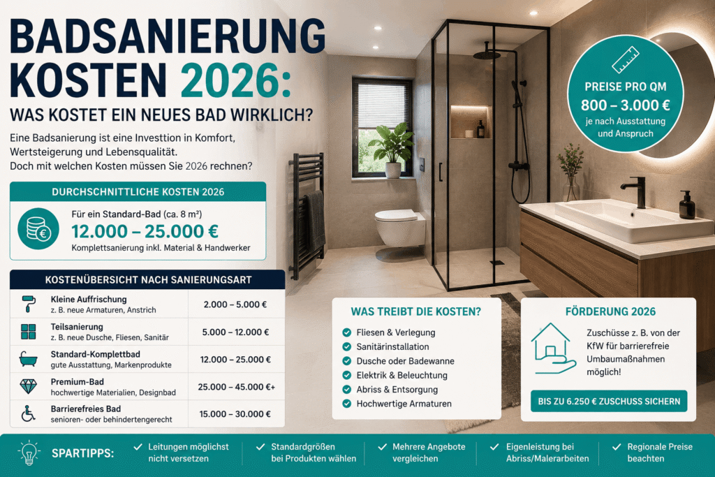 Badsanierung Kosten 2026: Was kostet ein neues Bad wirklich?