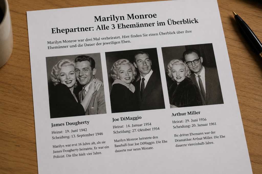 Marilyn Monroe gehört zu den bekanntesten Frauen des 20. Jahrhunderts – als Filmstar, Ikone und Symbol einer ganzen Ära. Doch wer waren die Männer, die sie heirateten? Ihre drei Ehen spiegeln nicht nur persönliche Sehnsüchte, sondern auch den Zeitgeist der 1940er bis 1960er Jahre wider. In diesem Artikel erfahren Sie alles Wesentliche über Marilyn Monroes Ehepartner, die Dauer ihrer Ehen und die Hintergründe dahinter.
Direkte Antwort: Marilyn Monroe war dreimal verheiratet – mit James Dougherty (1942–1946), Joe DiMaggio (1954) und Arthur Miller (1956–1961). Keine ihrer Ehen blieb dauerhaft bestehen; alle drei endeten mit der Scheidung.
Warum ist das Leben von Marilyn Monroe so faszinierend?
Marilyn Monroe, geboren als Norma Jeane Mortenson am 1. Juni 1926 in Los Angeles, wurde zu einem der einflussreichsten kulturellen Phänomene der Nachkriegszeit. Laut der Encyclopedia Britannica ist sie bis heute eine der meistfotografierten Personen des 20. Jahrhunderts.
Ihr Privatleben – besonders ihre Liebschaften und Ehen – zog stets ebenso viel Aufmerksamkeit auf sich wie ihre Filmkarriere. Die Frage „Wer hat Marilyn Monroe geheiratet?" gehört zu den häufigsten Suchanfragen rund um ihre Biografie und taucht regelmäßig in Schul- und Allgemeinwissensfragen auf. Ein fundierter Überblick lohnt sich daher besonders.
Marilyn Monroes Ehemänner im Überblick
Monroe heiratete insgesamt dreimal. Jede Ehe unterschied sich grundlegend in Charakter, Dauer und gesellschaftlicher Wahrnehmung.
#EhemannHeiratScheidungDauer1James Dougherty19. Juni 194213. September 1946ca. 4 Jahre2Joe DiMaggio14. Januar 195427. Oktober 1954ca. 9 Monate3Arthur Miller29. Juni 195620. Januar 1961ca. 4,5 Jahre
1. James Dougherty (1942–1946)
Wer war James Dougherty?
James Edward Dougherty (1921–2005) war ein Nachbarsjunge aus Van Nuys, Kalifornien, der als junger Erwachsener bei Lockheed Aircraft arbeitete. Er kannte Norma Jeane Mortenson – die spätere Marilyn Monroe – bereits als Kind.
Wie kam es zur Ehe?
Als Norma Jeanes Pflegemutter Grace McKee Goddard aus Los Angeles wegzog, drohte das junge Mädchen erneut ins Waisenheim zu müssen. Um dies zu verhindern, arrangierten die Familien eine Eheschließung. Norma Jeane war zu diesem Zeitpunkt 16 Jahre alt – Dougherty war 21.
Das Paar heiratete am 19. Juni 1942. Die Ehe war nach damaligen Maßstäben eine praktische Lösung, keine romantische Verbindung. Dougherty beschrieb die Ehe in späteren Interviews als glücklich; Monroe selbst sprach kaum darüber.
Das Ende der ersten Ehe
Als Dougherty im Zweiten Weltkrieg als Marinesoldat eingesetzt wurde und Monroe während seiner Abwesenheit als Fotomodell und schließlich als Schauspielerin Karriere machte, entfremdeten sich die beiden zunehmend. Die Scheidung wurde am 13. September 1946 rechtskräftig. Monroe war damals 20 Jahre alt und stand am Beginn ihres Aufstiegs in Hollywood.
2. Joe DiMaggio (1954)
Wer war Joe DiMaggio?
Joseph Paul DiMaggio (1914–1999) war einer der bekanntesten Baseballspieler der amerikanischen Geschichte. Er spielte für die New York Yankees, wurde dreimal zum MVP der American League gewählt und gilt bis heute als einer der größten Sportler der USA. Laut der Baseball Hall of Fame führte DiMaggio die Yankees zu neun World-Series-Titeln.
Die Verbindung zwischen Monroe und DiMaggio
Monroe und DiMaggio lernten sich 1952 bei einem gemeinsamen Dinner kennen – arrangiert von beidseitigen Bekannten. Obwohl die beiden auf den ersten Blick ein ungewöhnliches Paar abgaben – sie die schillerndste Filmschauspielerin Hollywoods, er der zurückgezogene Sportlegende – entwickelte sich schnell eine intensive Beziehung.
Das Paar heiratete am 14. Januar 1954 im Rathaus von San Francisco. Die Hochzeit war ein Medienereignis; Hunderte von Fotografen und Fans drängten sich vor dem Gebäude.
Probleme und Scheidung
Die Ehe war von Anfang an angespannt. DiMaggio war eifersüchtig auf Monroes Karriere und ihre öffentliche Sexualisierung – besonders die berühmte Szene aus Das verflixte 7. Jahr (1955), bei der ihr Kleid vom Fahrtwind einer U-Bahn-Lüftung hochgeweht wurde, soll zu einem schweren Streit geführt haben.
Nach weniger als 9 Monaten wurde die Ehe geschieden. Die Scheidung wurde am 27. Oktober 1954 ausgesprochen. Trotzdem blieb DiMaggio ein wichtiger Mensch in Monroes Leben. Er organisierte nach ihrem Tod am 5. August 1962 ihre Beerdigung und legte über Jahrzehnte hinweg Rosen auf ihrem Grab nieder.
3. Arthur Miller (1956–1961)
Wer war Arthur Miller?
Arthur Asher Miller (1915–2005) war einer der bedeutendsten amerikanischen Dramatiker des 20. Jahrhunderts. Sein Stück Tod eines Handlungsreisenden (1949) gilt als Meilenstein der amerikanischen Theaterliteratur und wurde mit dem Pulitzer-Preis ausgezeichnet. Auch Hexenjagd (1953), eine Allegorie auf den McCarthyismus, erlangte Weltruhm.
Monroe und Miller: Das intellektuellste Paar Amerikas
Die Verbindung zwischen Marilyn Monroe und Arthur Miller galt in der Öffentlichkeit als Sensation – die sinnliche Filmgöttin und der intellektuelle Schriftsteller. Das Paar verlobte sich 1956, und Miller konvertierte für die Ehe zum Judentum. Sie heirateten am 29. Juni 1956 in einer zivilen, danach einer jüdischen Zeremonie.
Auf gesellschaftspolitischer Ebene war die Beziehung ebenfalls bedeutsam: Miller stand zu dieser Zeit unter Beobachtung des Komitees für unamerikanische Aktivitäten (HUAC). Monroe stellte sich öffentlich hinter ihn – ein Risiko für ihre Karriere.
Gemeinsame Arbeit und der Zerfall der Ehe
Miller schrieb das Drehbuch zu Monroes letztem vollendeten Film Misfits (1961), in dem Clark Gable die Hauptrolle spielte. Hinter den Kulissen hatte sich die Ehe jedoch längst zermürbt. Monroe litt unter starken Depressionen, mehreren Fehlgeburten und einer zunehmenden Abhängigkeit von Schlaf- und Beruhigungsmitteln.
Die Scheidung wurde am 20. Januar 1961 ausgesprochen – am selben Tag, an dem John F. Kennedy als US-Präsident vereidigt wurde. Miller heiratete kurz darauf die Fotografin Inge Morath.
Schritt-für-Schritt: So ordnen Sie Marilyn Monroes Ehen zeitlich ein
1942 – Norma Jeane Mortenson heiratet James Dougherty; beginnt parallel Karriere als Fotomodell.
1946 – Scheidung von Dougherty; Norma Jeane nimmt den Künstlernamen Marilyn Monroe an.
1954 – Hochzeit mit Baseballstar Joe DiMaggio; weltweites Medieninteresse.
Oktober 1954 – Scheidung nach nur 9 Monaten.
1956 – Heirat mit Dramatiker Arthur Miller; Monroe konvertiert nicht; Miller zum Judentum.
1961 – Scheidung von Arthur Miller; Monroe dreht zeitgleich Misfits.
1962 – Monroe stirbt am 5. August an einer Überdosis Barbiturate; sie war zu diesem Zeitpunkt nicht verheiratet.
Häufige Missverständnisse über Marilyn Monroes Liebesleben
„Monroe war mit John F. Kennedy verheiratet" – Falsch. Es gab Gerüchte über eine Affäre, aber keine Ehe.
„DiMaggio und Monroe haben sich nie wieder versöhnt" – Falsch. DiMaggio blieb ihr bis zum Tod verbunden und organisierte ihr Begräbnis.
„Monroe hatte mehr als drei Ehemänner" – Falsch. Drei Ehen, alle endeten durch Scheidung.
„Arthur Miller war ihr erster Intellektueller" – Vereinfacht. Schon früh bewegte sich Monroe in künstlerischen Kreisen New Yorks.
Häufig gestellte Fragen (FAQ)
Wie oft war Marilyn Monroe verheiratet?
Marilyn Monroe war dreimal verheiratet – mit James Dougherty (1942–1946), Joe DiMaggio (1954) und Arthur Miller (1956–1961). Alle drei Ehen wurden geschieden.
Wer war Marilyn Monroes bekanntester Ehemann?
Der bekannteste Ehemann war Joe DiMaggio, legendärer Baseballspieler der New York Yankees. Die Ehe dauerte jedoch nur neun Monate und gilt als eine der kürzesten Prominentenehen des 20. Jahrhunderts.
War Marilyn Monroe bei ihrem Tod verheiratet?
Nein. Als Marilyn Monroe am 5. August 1962 im Alter von 36 Jahren starb, war sie ledig. Ihre letzte Ehe mit Arthur Miller war im Januar 1961 geschieden worden.
Wer hat Marilyn Monroes Beerdigung organisiert?
Joe DiMaggio, ihr zweiter Ehemann, organisierte die Beerdigung und überwachte sie persönlich. Er ließ über viele Jahre dreimal wöchentlich rote Rosen auf ihrem Grab niederlegen.
Hatte Marilyn Monroe Kinder?
Nein. Monroe hatte keine lebend geborenen Kinder. Sie erlitt während ihrer Ehen mehrere Fehlgeburten, was sie schwer belastete.
Was schrieb Arthur Miller über Monroe?
Miller schrieb das Drehbuch für Misfits (1961) als Geschenk an Monroe. Nach ihrem Tod veröffentlichte er Memoiren, in denen er ihre Verletzlichkeit, ihre Intelligenz und den gemeinsamen Alltag beschrieb.
Fazit: Drei Ehen, drei unterschiedliche Lebensphasen
Marilyn Monroes drei Ehen stehen für drei Phasen ihres Lebens: die unsichere Jugend mit Dougherty, den Höhepunkt des Ruhms mit DiMaggio und die intellektuelle Reifephase mit Miller. Keine Ehe hielt – doch alle drei Männer hinterließen Spuren in ihrem Leben und Werk.
Monroe bleibt ein kulturelles Phänomen, das weit über die Unterhaltungsindustrie hinauswirkt. Ihre Ehen zeigen: Hinter der glitzernden Ikone stand eine Frau, die zeitlebens nach Geborgenheit suchte.