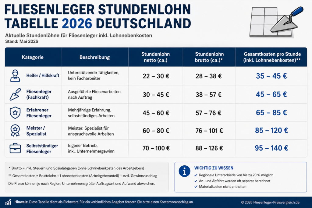Fliesenleger Stundenlohn Tabelle 2026 Deutschland