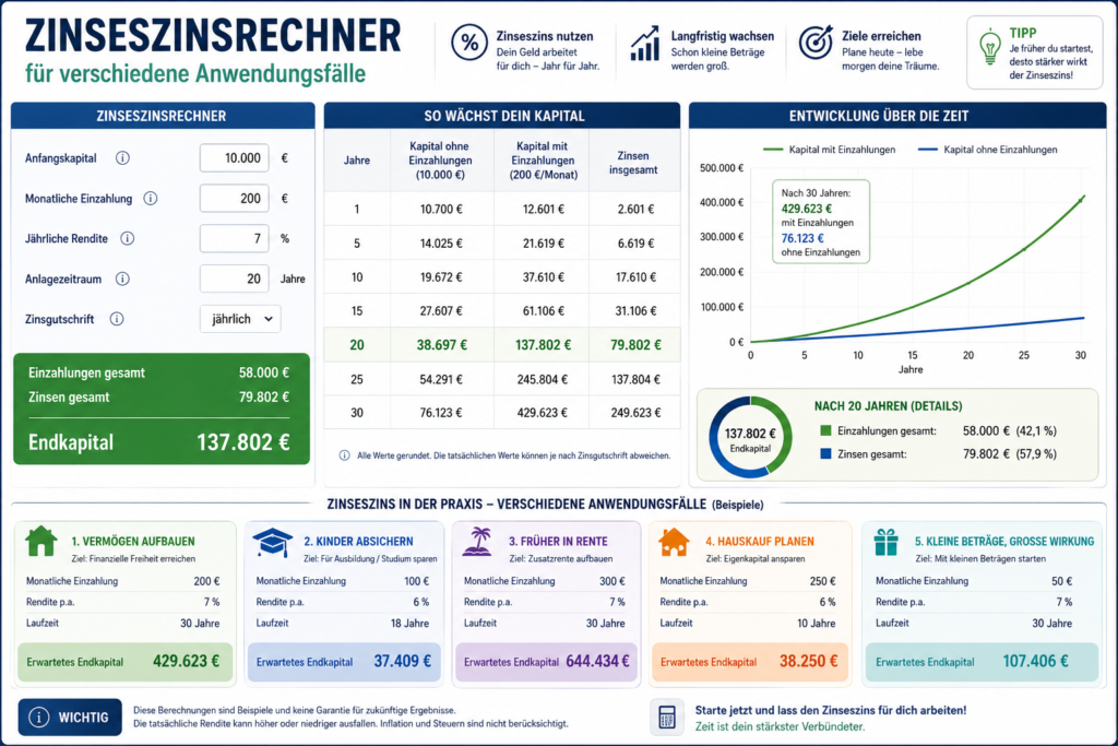 Zinseszinsrechner für verschiedene Anwendungsfälle
