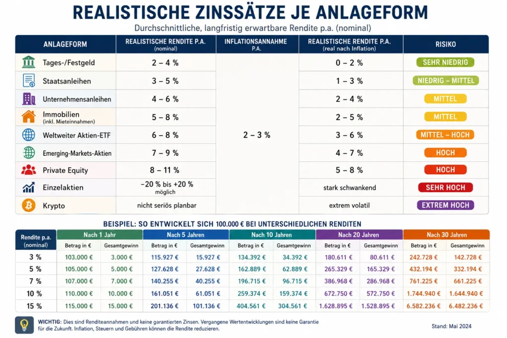 Realistische Zinssätze je Anlageform