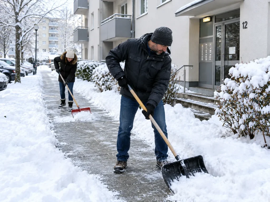 Mieter räumt morgens Schnee vom Gehweg vor dem Haus