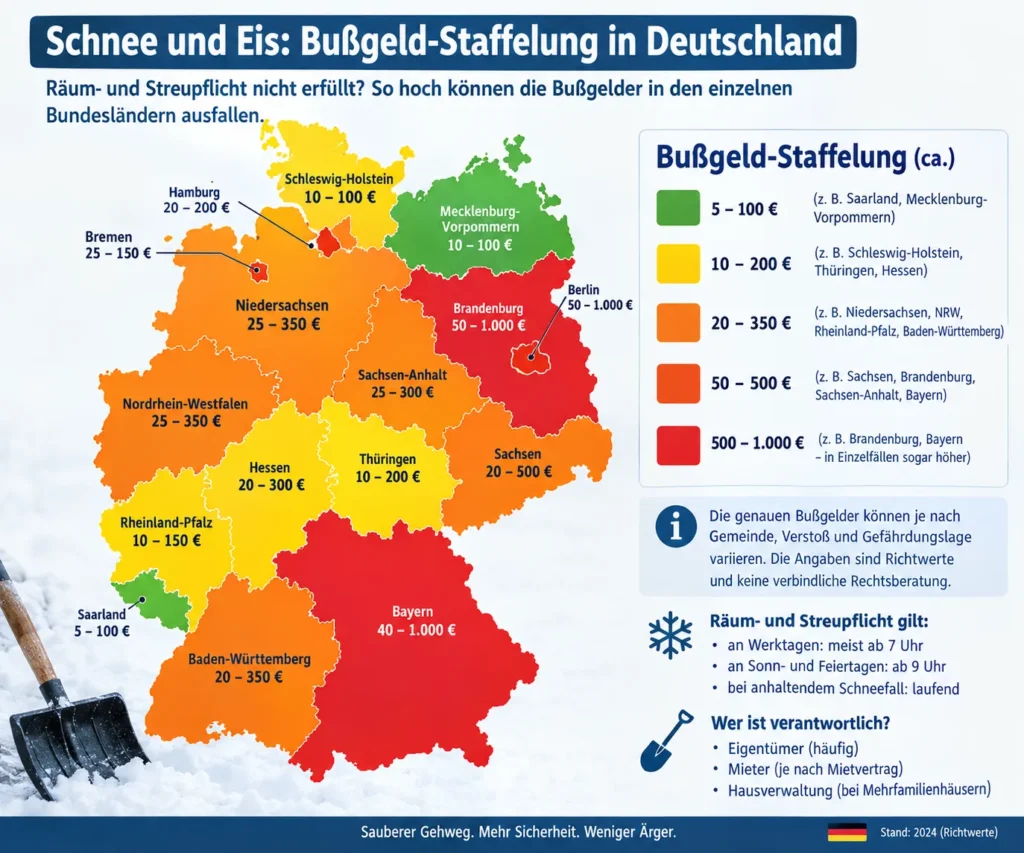 Karte: Bußgeldhöhe bei Verstößen gegen die Schneeräumpflicht nach Bundesland