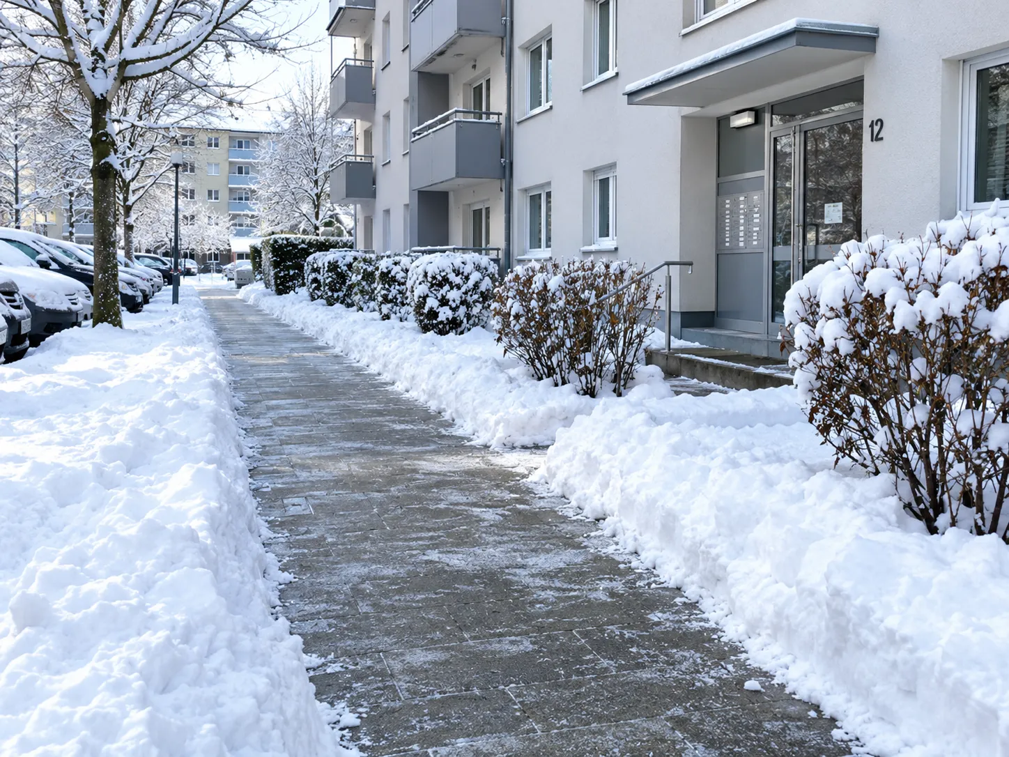 Schneeräumpflicht: geräumter Gehweg vor einem Wohnhaus im Winter