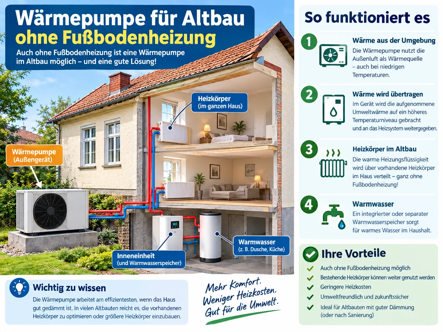 Alt text: Wärmepumpe im Altbau ohne Fußbodenheizung mit Heizkörpern