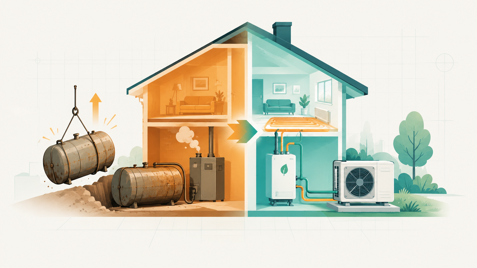 Einfamilienhaus mit alter Ölheizung und moderner Wärmepumpe im Vergleich